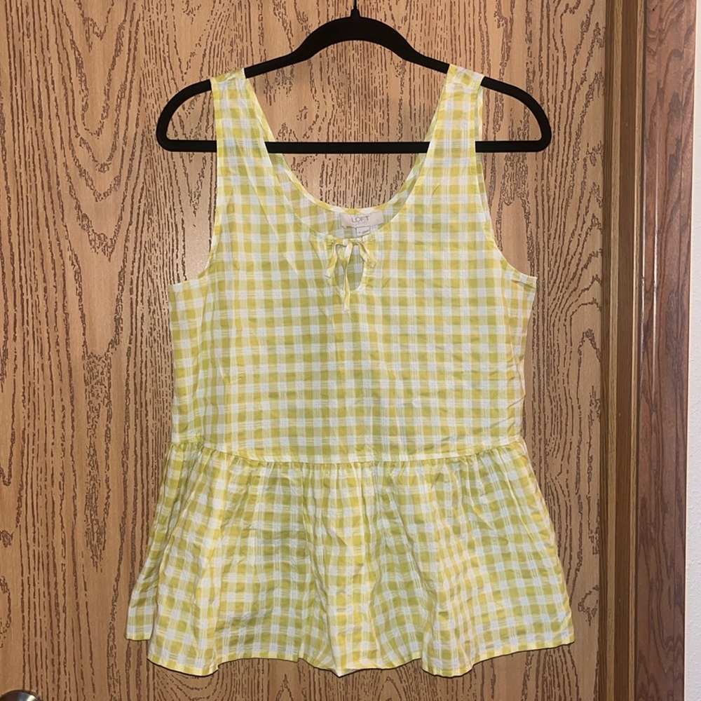 LOFT Yellow Gingham Peplum Blouse